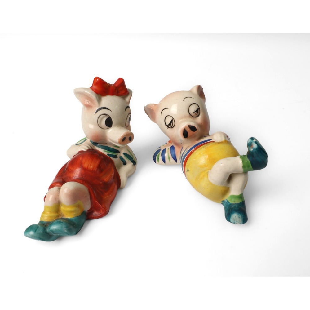 Vintage Boy And Girl Pig Figurines Ceramic Occupied Japan Mid-Century